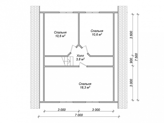 План второго этажа дома-бани 7х7,5 - 3 спальни