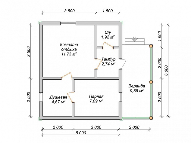 Планировка бани 5х6 с тамбуром и верандой