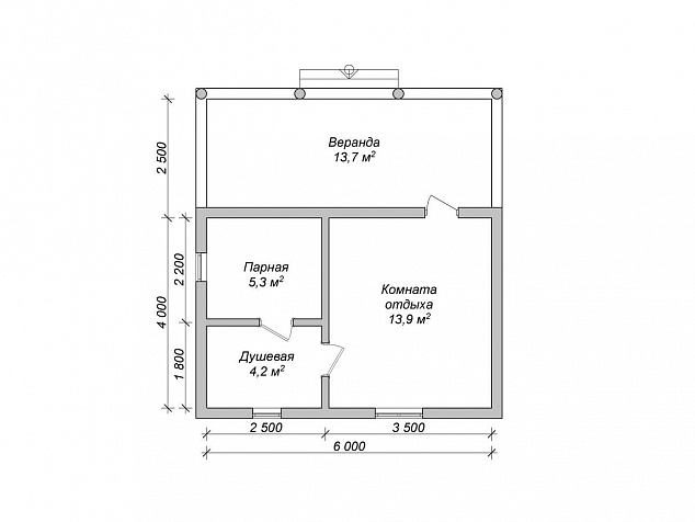 Планировка бани 4х6 с верандой 2,5х6 с увеличенной парной