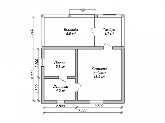 План бани 4х6 с тамбуром на веранде и большой парной
