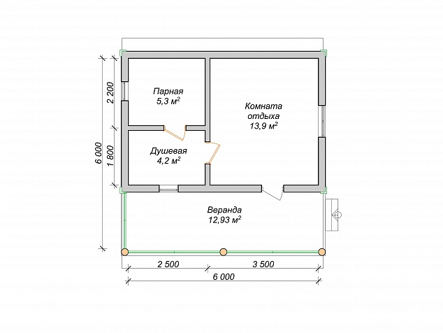 План бани 4х6 с верандой 2х6