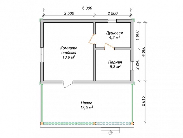 План бани 4х6 с верандой