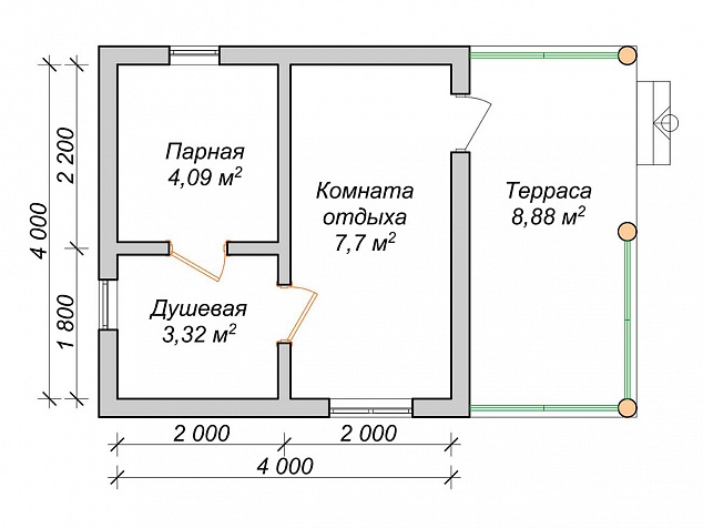 План бани 4х4 с верандой под скатом