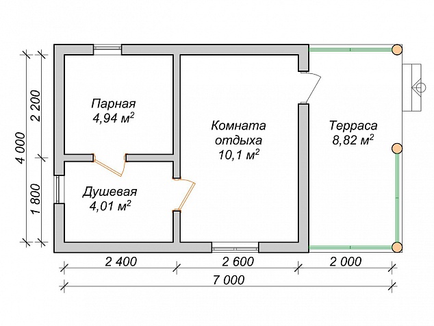 План бани 4х5 с верандой 2х5