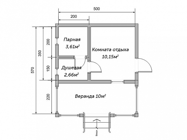 План бани 3,5х5 с верандой и увеличенной комнатой