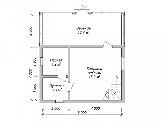 План первого этажа дома-бани 6х6,5