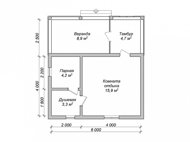 План бани 4х6 с тамбуром на веранде и малой парной