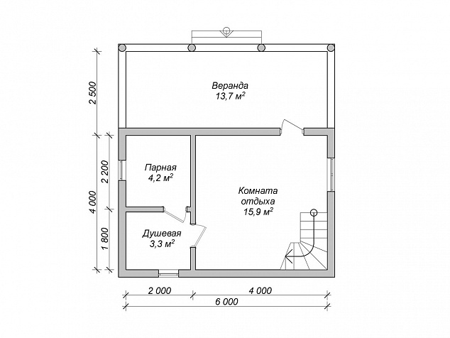 План первого этажа гостевого дома-бани 4х6 с верандой